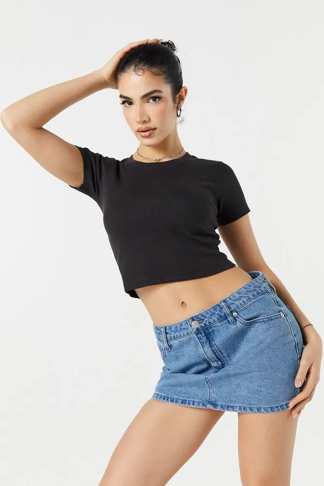 RIBBED SQUARE NECK CROPPED T-SHIRT