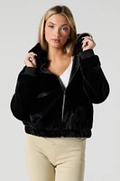 Faux Fur Zip-Up Hooded Jacket