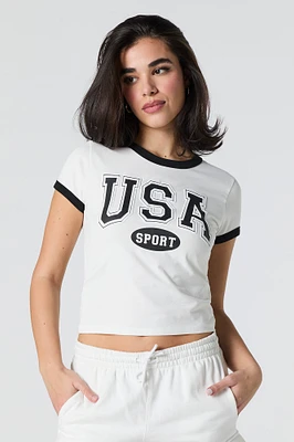 T-shirt ultracourt avec motif brodé et liséré contrastant