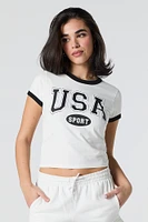 T-shirt ultracourt avec motif brodé et liséré contrastant