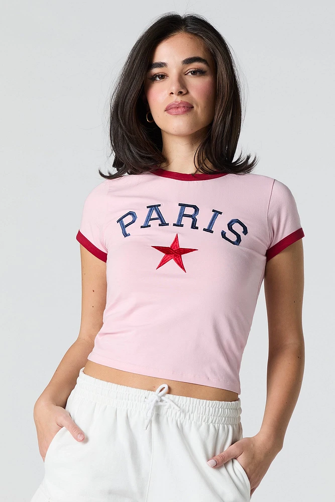 T-shirt ultracourt avec motif brodé et liséré contrastant