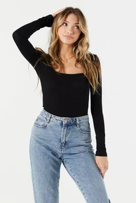 Ribbed Square Neck Long Sleeve Bodysuit