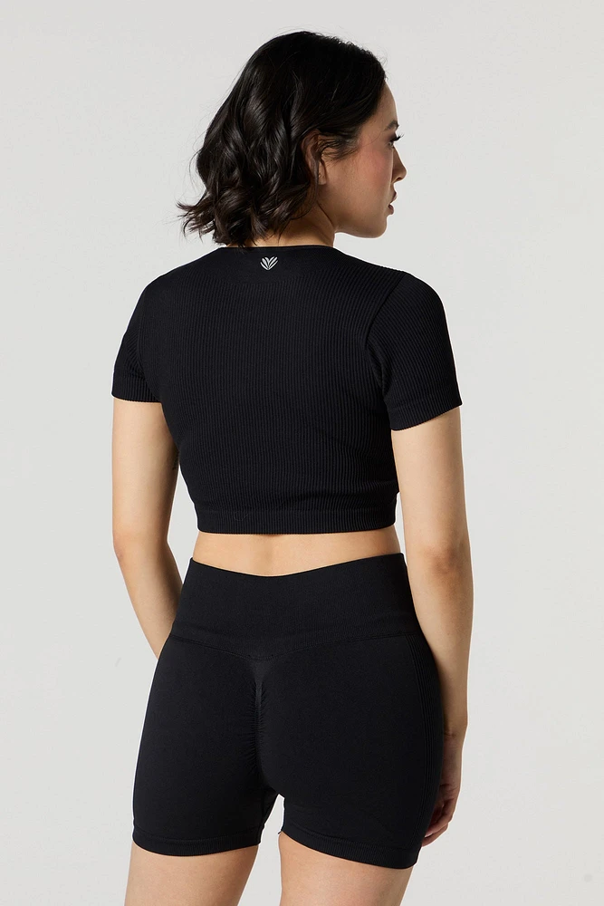 Active Seamless Ribbed Short Sleeve Zip-Up Crop Top