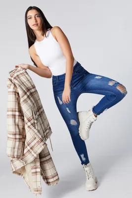 Medium Wash Distressed High Rise Skinny Jean