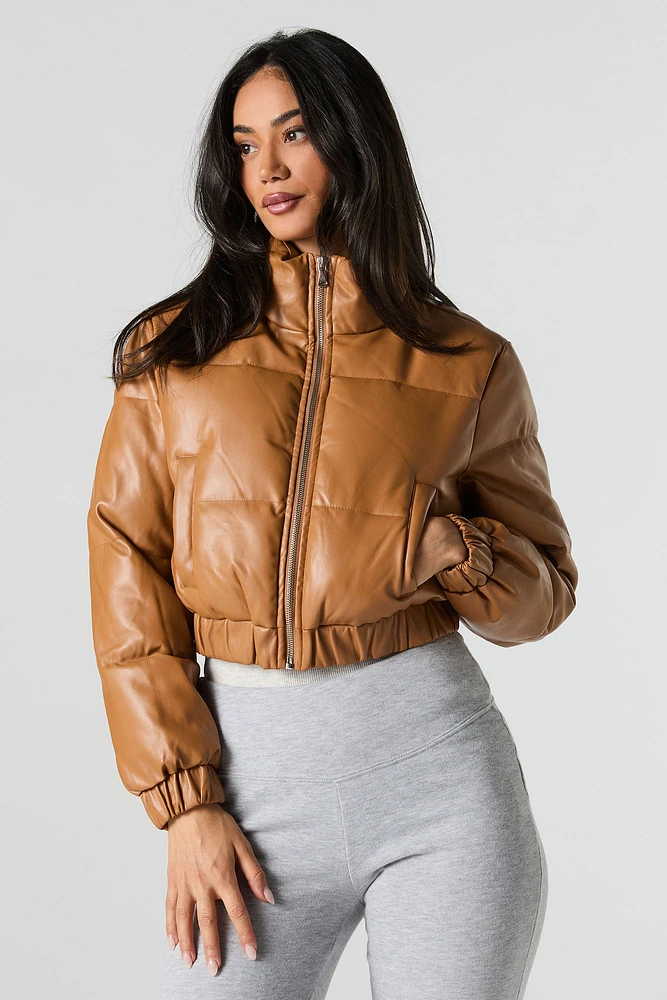 Faux Leather Cropped Puffer Jacket