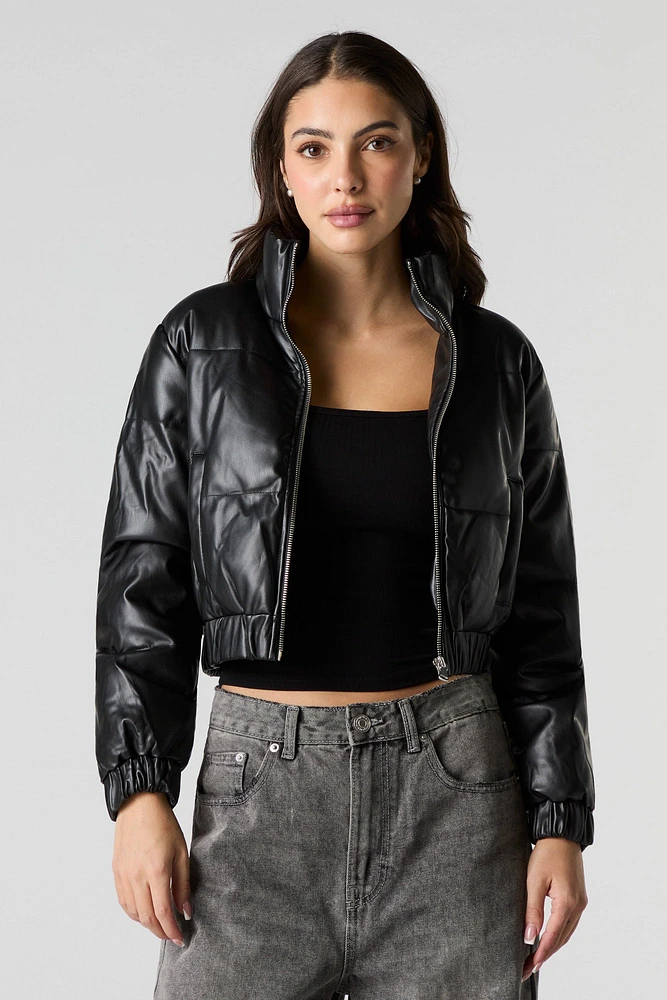 Faux Leather Cropped Puffer Jacket