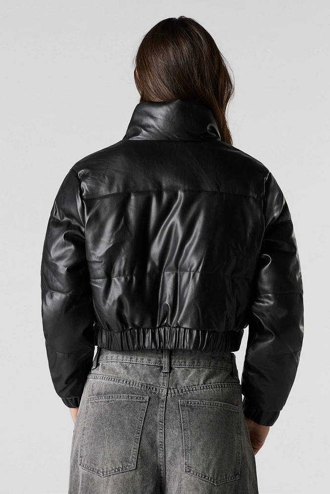 Faux Leather Cropped Puffer Jacket