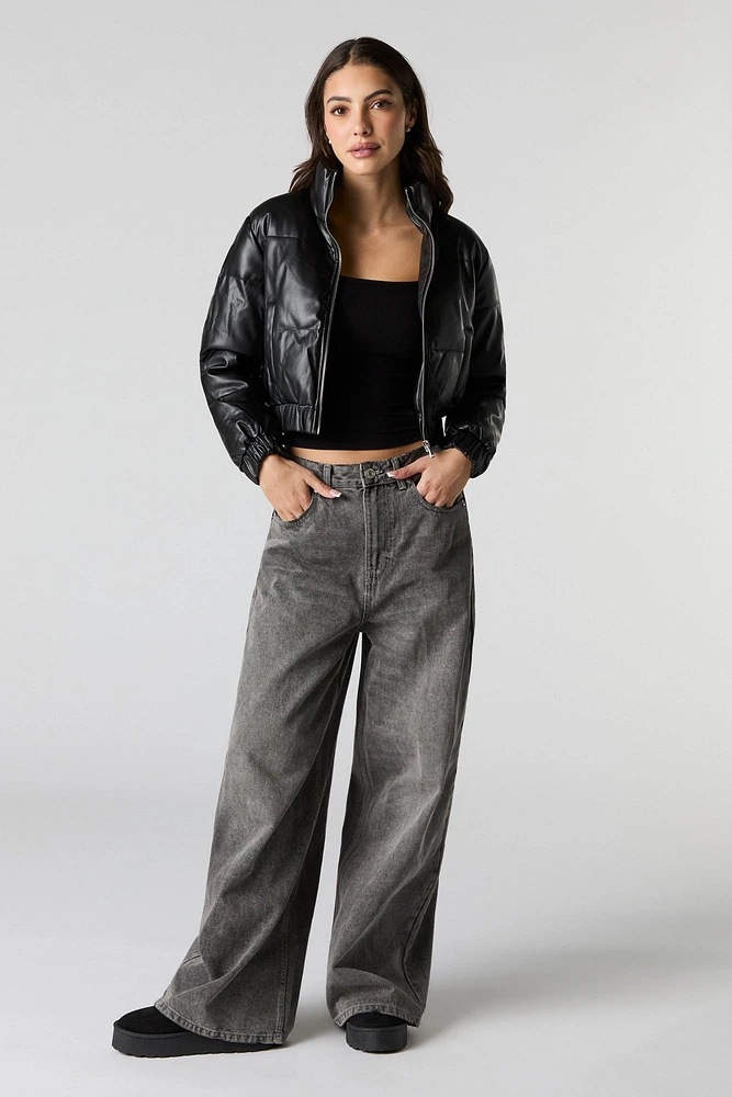 Faux Leather Cropped Puffer Jacket