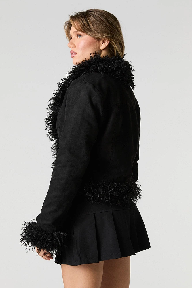 Faux Suede Fur Trim Jacket