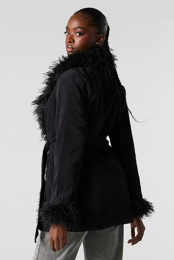 Corduroy Faux Fur Trim Jacket