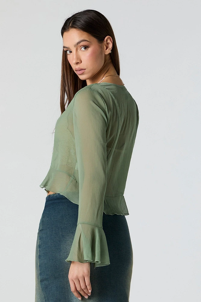 Crinkle Mesh Flyaway Long Sleeve Top