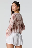 Rose Print Chiffon Front Tie Long Sleeve Top