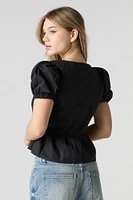 Poplin Ribbon Front Puff Sleeve Top