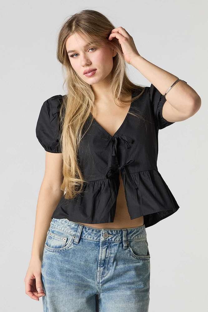 Poplin Ribbon Front Puff Sleeve Top