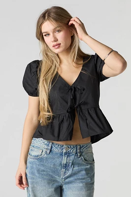 Poplin Ribbon Front Puff Sleeve Top