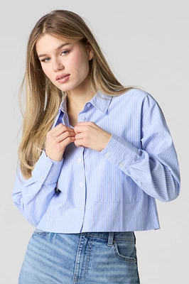 Poplin Cropped Button-Up Long Sleeve Top