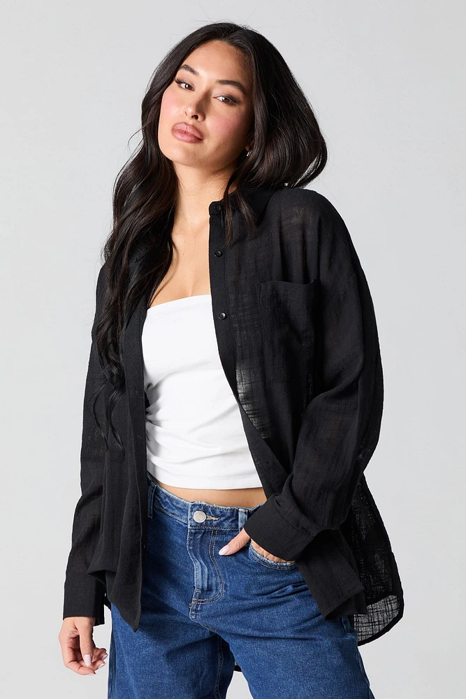 Semi Sheer Oversized Button-Up Top