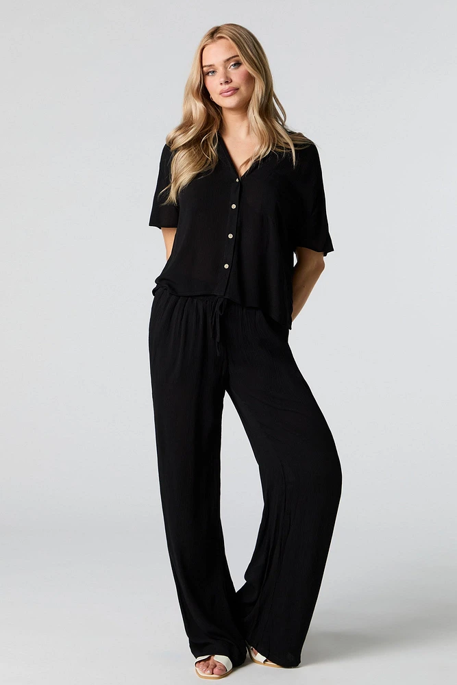 Crinkle Oversized Button-Up Top