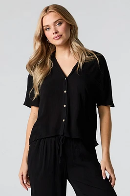 Crinkle Oversized Button-Up Top