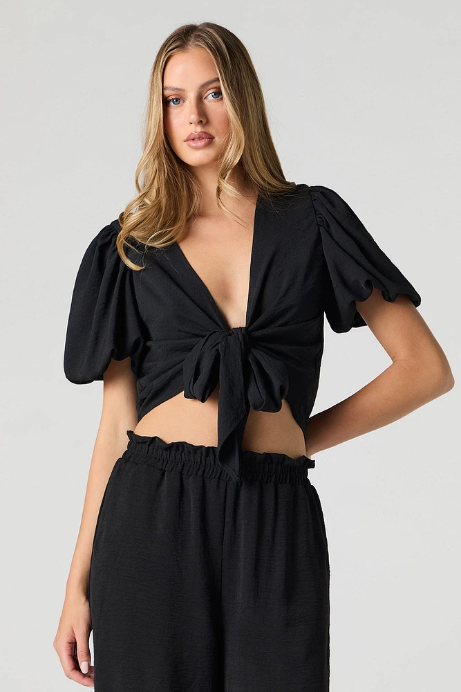 Tie Front Puff Sleeve Crop Top