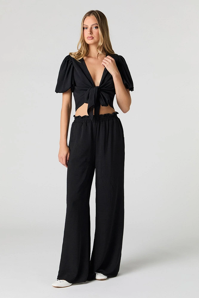 Tie Front Puff Sleeve Crop Top