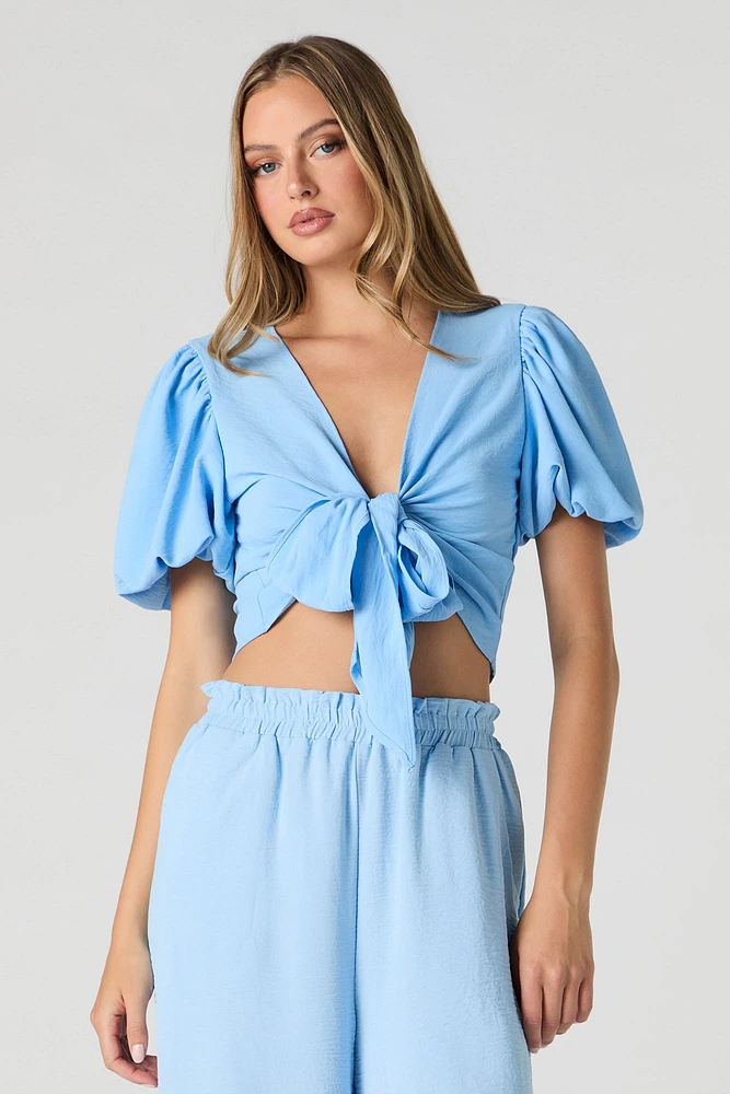 Tie Front Puff Sleeve Crop Top