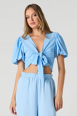 Tie Front Puff Sleeve Crop Top