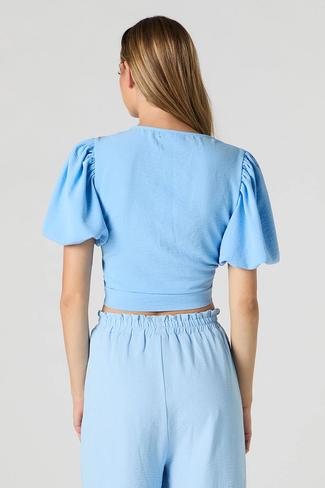 Tie Front Puff Sleeve Crop Top