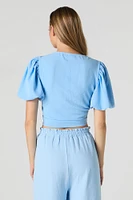 Tie Front Puff Sleeve Crop Top