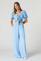 Tie Front Puff Sleeve Crop Top
