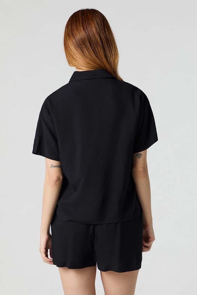 Oversized Collared Button-Up Short Sleeve Top