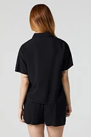 Oversized Collared Button-Up Short Sleeve Top