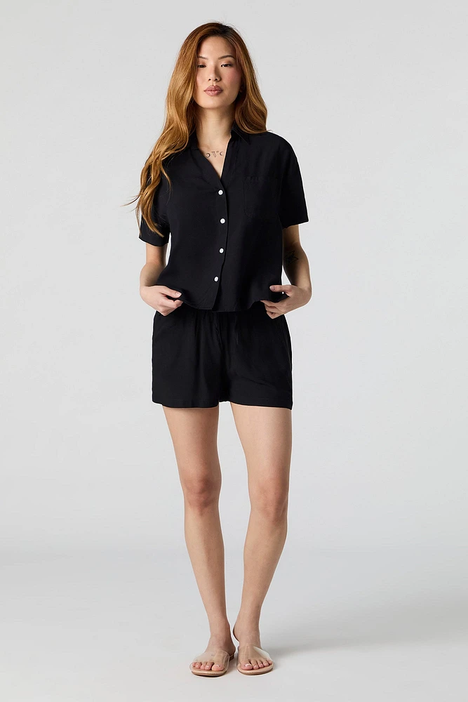 Oversized Collared Button-Up Short Sleeve Top