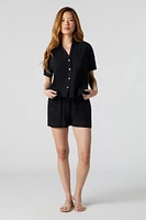 Oversized Collared Button-Up Short Sleeve Top