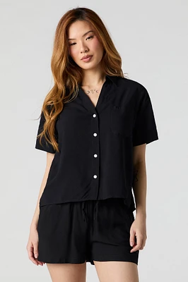Oversized Collared Button-Up Short Sleeve Top