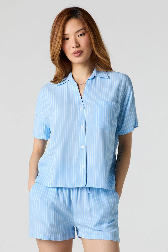 Oversized Collared Button-Up Short Sleeve Top
