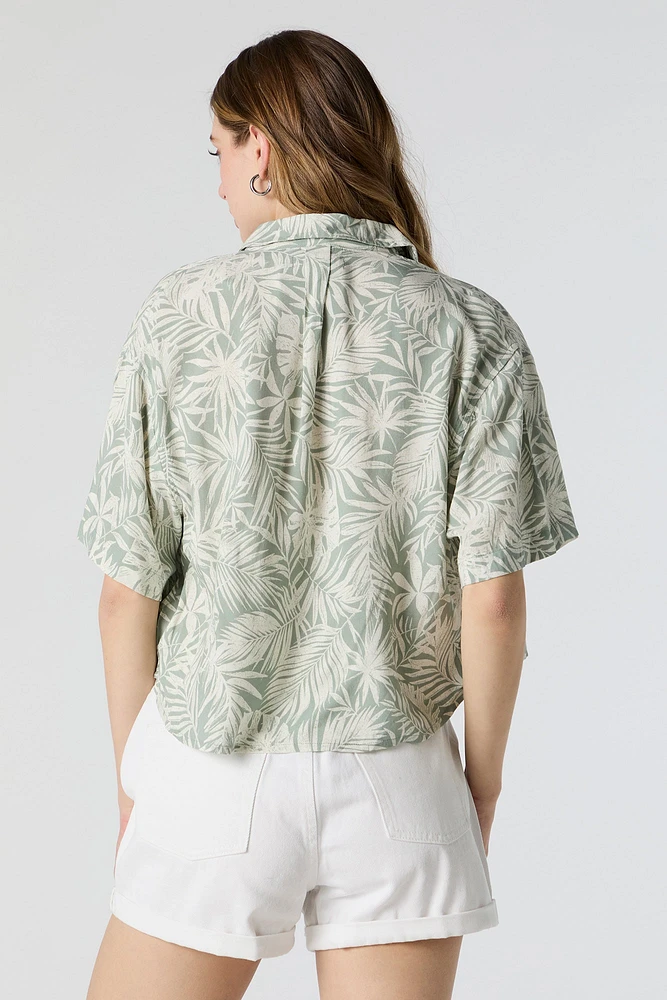 Leaf Print Cropped Button-Up Top