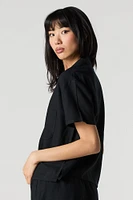 Linen-Blend Short Sleeve Button-Up Top