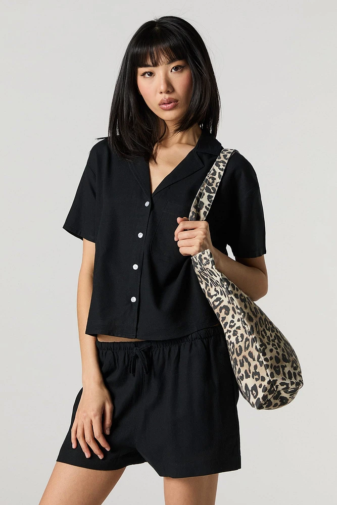 Linen-Blend Short Sleeve Button-Up Top