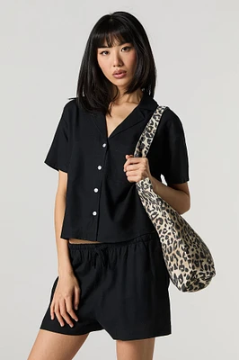 Linen-Blend Short Sleeve Button-Up Top