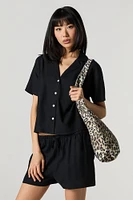 Linen-Blend Short Sleeve Button-Up Top