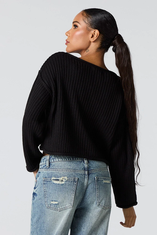 Ribbed Knit Boat Neck Sweater