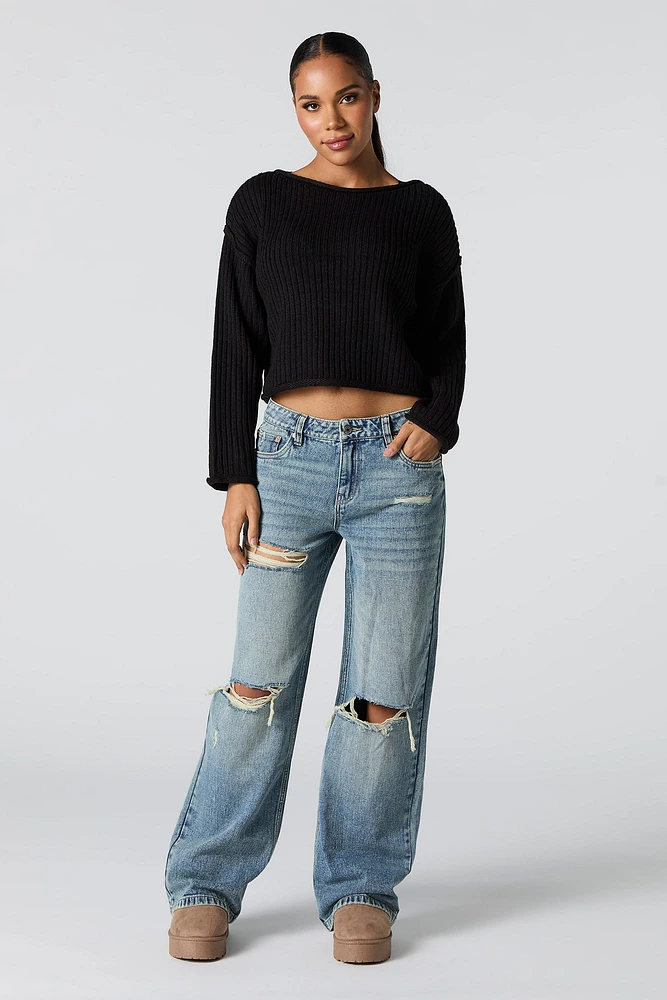 Ribbed Knit Boat Neck Sweater