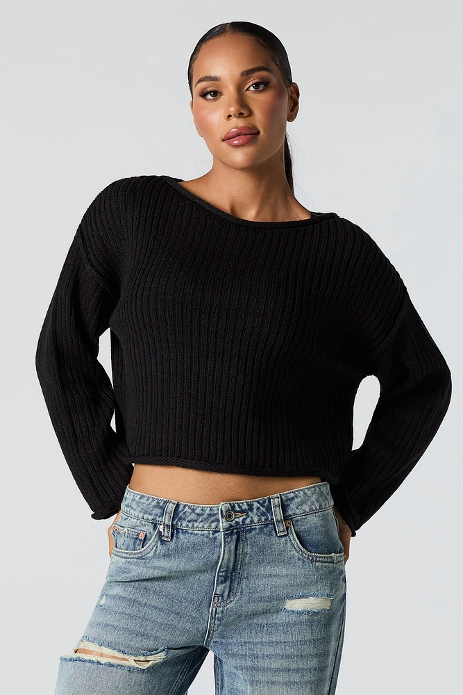 Ribbed Knit Boat Neck Sweater