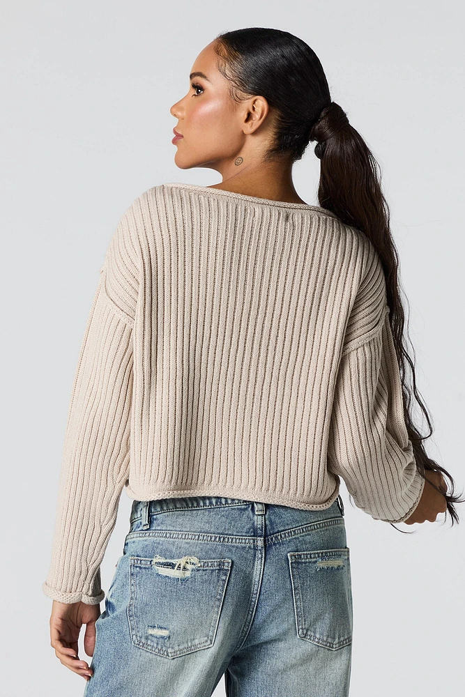 Ribbed Knit Boat Neck Sweater
