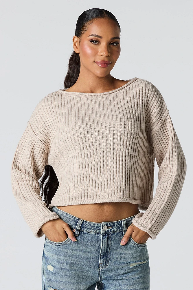 Ribbed Knit Boat Neck Sweater