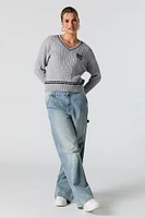 Number Embroidered Cable Knit Sweater