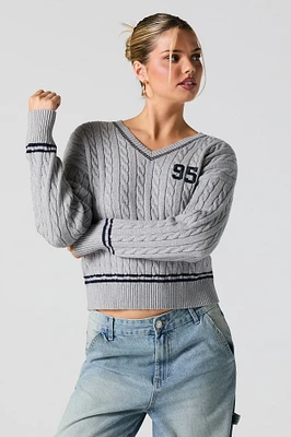 Number Embroidered Cable Knit Sweater