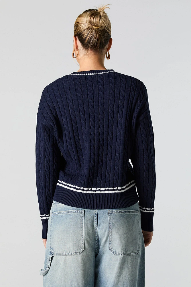 Number Embroidered Cable Knit Sweater