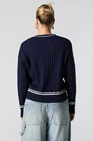 Number Embroidered Cable Knit Sweater